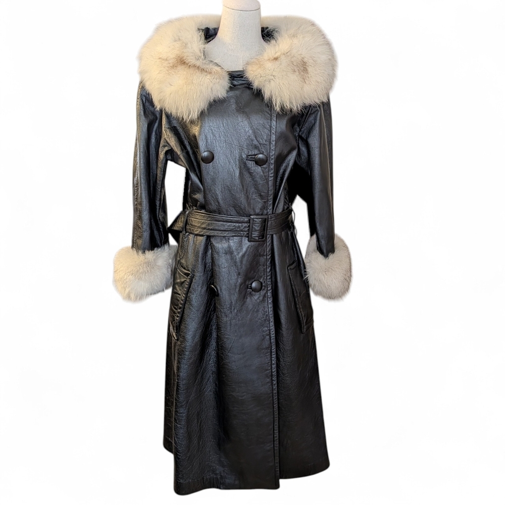 Vintage D’Jimas Furs Leather Coat Fox Fur Collar Belted Black Trench Glamoratti